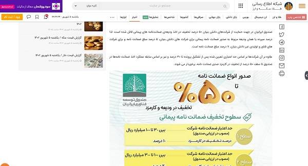 انتشار خبر افزایش سرمایه و تخفیف در صدور ضمانت نامه بانکی صندوق ایرانیان در سایت tgju.org